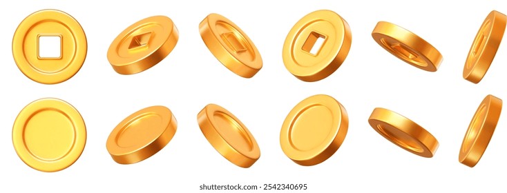 3d set of Ancient old gold coins of China, with square hole. Design element for Chinese New Year. Stock vector illustration on isolated background.