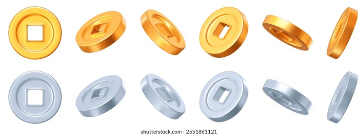 3d set of Ancient old gold and silver coins of China, with square hole. Design element for Chinese New Year. Stock vector illustration on isolated background.