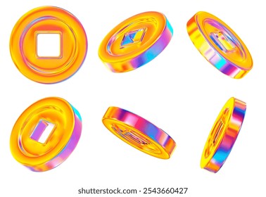 Conjunto 3d de moedas antigas neon ou holográficas da China, com buraco quadrado. Elemento de design para Ano Novo Chinês. Ilustração de vetor de estoque em plano de fundo isolado.