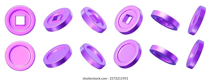 3d set of Ancient old purple coins of China, with square hole. Design element for Chinese New Year. Stock vector illustration on isolated background.