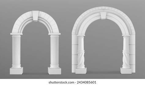 Conjunto 3D de arcos de mármol antiguos aislados sobre fondo transparente. Ilustración vectorial realista de elementos de diseño arquitectónico de estilo romano y griego antiguo, decoración de arco para el palacio clásico