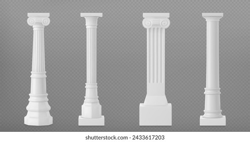 3D set of antique marble pillars isolated on transparent background. Vector realistic illustration of ancient roman and greek style architecture design elements, classic palace building colonnade