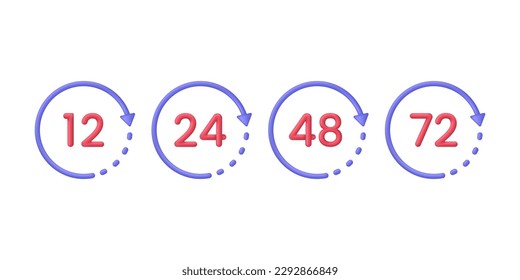 3D Set of arrows clock and time icons. 12, 24, 48, 72 hours. Time-keeping and measurement of time. Time period concept. Trendy and modern vector in 3d style.