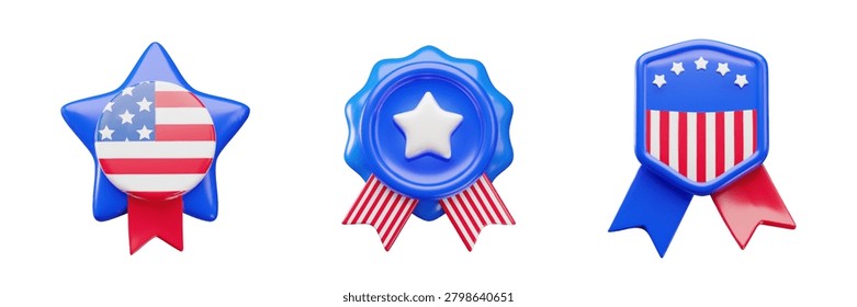 A 3D set of awards of various shapes, including a shield, star, and round shape, in the colors of the American flag. National symbol, award, or decoration. Independence Day decoration. Vector. Icon.