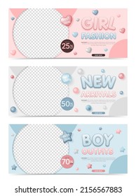 3d Set of baby and kid fashion sale horizontal banner template with heart, and star for social media, sales discount promotion, online shop, flyer, poster, web, ads, and website. vector illustration