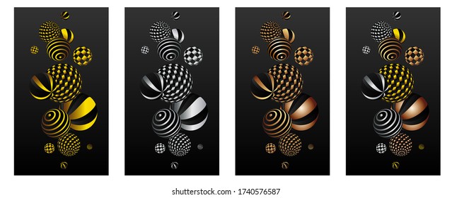 3d conjunto de antecedentes de metales preciosos. Abstracciones en bolas con patrones.  Nuevo estilo moderno, una combinación de sofisticación con figuras tridimensionales