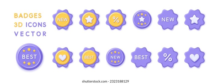 3d set badge or medal icons. Render badge for discount concept, sale, favorite goods, quality certificate, best customer, winner and e-commerce. 3d rendering plastic badge cartoon illustration