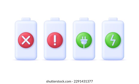 3D Set of battery. Battery charge indicator. Battery charge from low to high. Discharged and charged battery. Trendy and modern vector in 3d style.