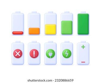 3D Set of battery. Battery charge indicator. Battery charge from low to high. Discharged and charged battery. Trendy and modern vector in 3d style.