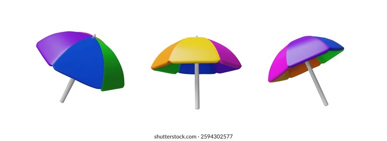 3d set beach umbrella. Travel vector illustration. Three-dimensional sun parasol for summer holiday season. Relax vacation. Sunshade protection on the sand on the sea, ocean. Tropical rest collection