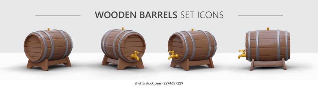 Juego 3D de barriles de cerveza. Barriles de madera con grifos, en gradas. Iconos realistas para la elaboración de publicidad. Rotación de marco de objeto por marco, perspectiva. Imagen volumétrica para ilustración paso a paso