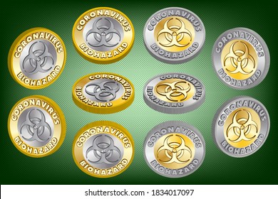 3d set of bimetallic coin tokens with a biohazard sign and the inscription coronavirus EPS10