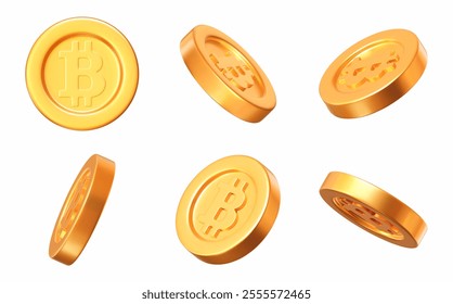 3D set of Bitcoin gold coins in different angles. A symbol of gold and wealth. Stock vector illustration on isolated background