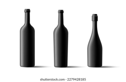 3d set of black bottles of different shapes for design and advertising of wine, sparkling wine. Modern plaque design isolated on white background.