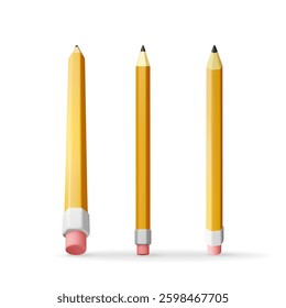 3D set of black pencil with rubber eraser isolated on white. Render collection of orange pencil icon. Stationery, office or school supply. Vector illustration