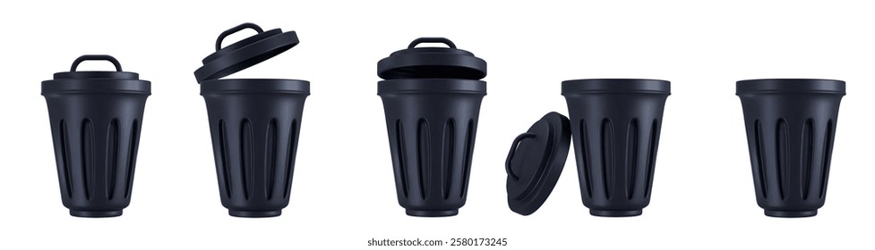 3d set of black trash can in different angles. Realistic bin icon. Stock vector illustration on isolated background. 