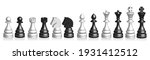 3d set of black and white chess pieces. King, queen, bishop, knight, rook and pawn with shadows on isolated background