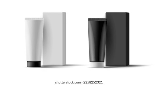 3d set of black and white cosmetic tube with empty boxes for design. Blank mockup for product of cosmetics, for women and men.