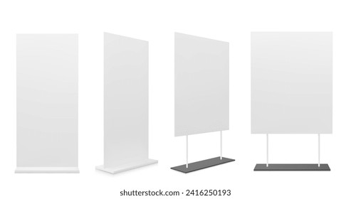 3D set of blank advertising stands isolated on white background. Vector realistic illustration of trade show booth equipment, banner mockup for product presentation, pop up poster front and side view