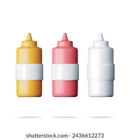 3D Set of Blank Plastic Bottles for Fast Food Isolated. Render Mayonnaise, Mustard, Ketchup. White Icon, Red, Yellow Containers for Sauces and Dressings. Realistic Vector Illustration