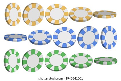 3d set of blank samples of isolated casino chips on white background
