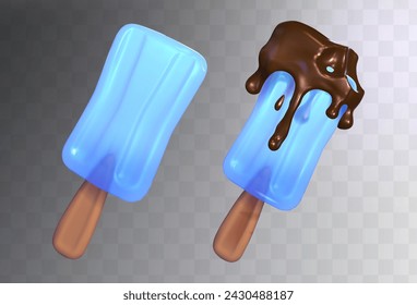 3D-Set aus blauem Eis auf Stöcken mit Schokolade. Schokoladenspritzer. Fruchteis. Vektor eps 10