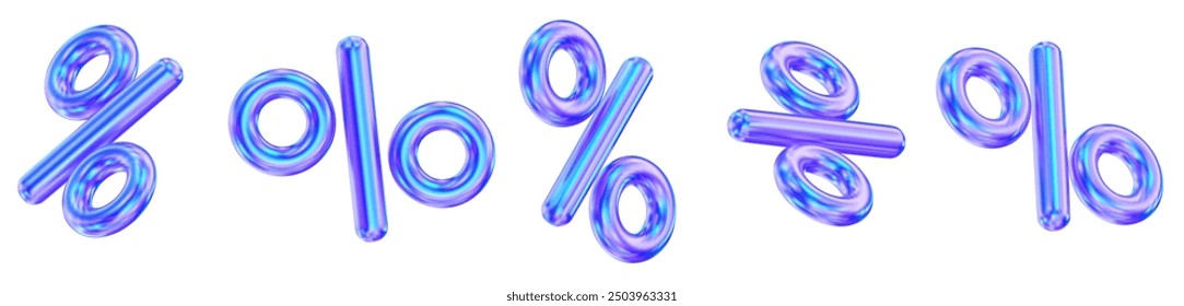 3d set of blue neon percent signs discount with different angles. Voucher gift. Stock vector illustration on isolated background.