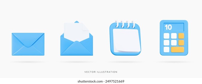 3D Set of blue office icons. Open and close mail envelopes. Calendar and calculator. Email notification. Business and education emoji. School objects. Work elements. 3D Vector Illustration