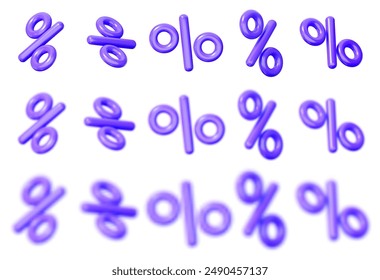 3d set of blue percent signs discount with blur effect and different angles. Voucher gift. Stock vector illustration on isolated background.