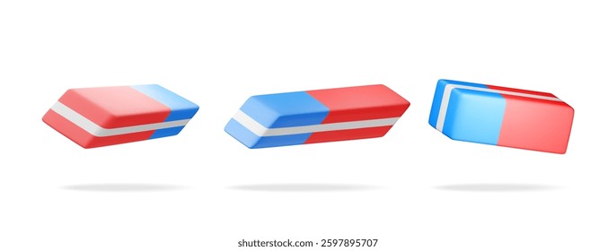 3D set of blue red rubber eraser isolated on white. Render collection of two side eraser icon. Office or school supply, stationery and education. Vector illustration