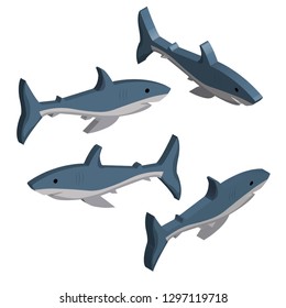 3D set of blue sharks isolated on white background