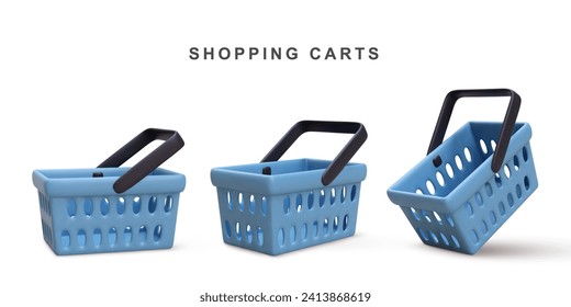 3d Set of blue shopping carts isolated on white background. Vector illustration.