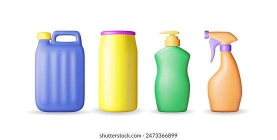 3D set of bottles with liquid detergent isolated. Render collection of canister, spray icon with cleaner, soap or dishwashing. Plastic bottle with dispenser for cleaning products. Vector illustration