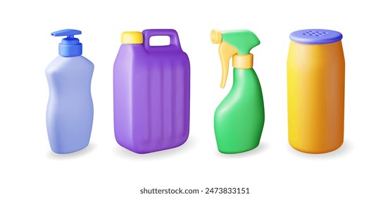 Conjunto 3D de botellas con detergente líquido aislado. Presenta la colección del recipiente, el ícono del aerosol con limpiador, jabón o lavavajillas. Botella de plástico con dispensador para productos de limpieza. Ilustración vectorial