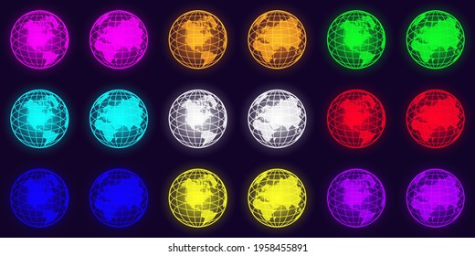 3d set of bright glowing colored contour hemispheres of the planet Earth on a dark background