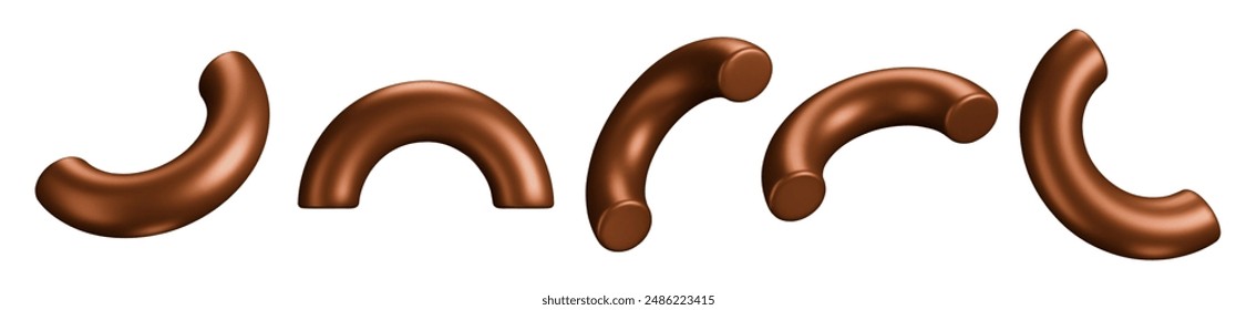 3D-Set von braunen oder Schokolade Hälfte des Torus-Ikone mit verschiedenen Winkeln. Geometrie Figur für Formular. Vektorillustration des Bestands auf isoliertem Hintergrund.	