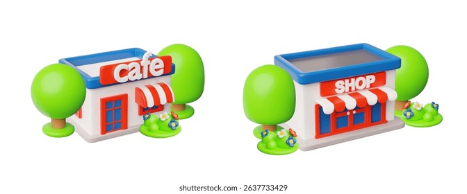 3d set of buildings cafe and shop with trees and flowers around. Commercial real estate. Advertising of services or business. House facades. Vector illustration. Isolated background.