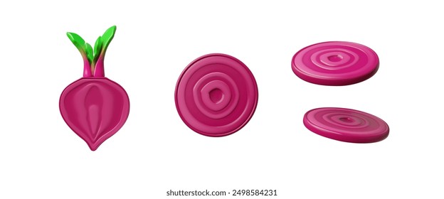 3d set of burgundy beets. Half a vegetable with tops and thin slices. Natural farm harvest. A useful vitamin product from the garden. Vector illustration isolated on white background.