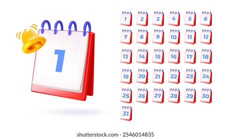 3d set calendar from 1 to 31 with bell. Dates in calendar. Plan or notification. Day of week. Vector illustration