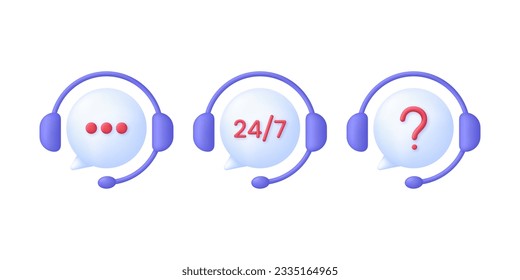 3D Set of Call center. Support service icon, customer consultation hotline, call center help. Trendy and modern vector in 3d style.