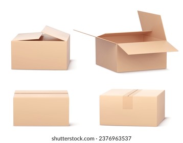 Conjunto 3D de cajas de cartón aisladas sobre fondo blanco. Ilustración vectorial realista del paquete de cartón para entrega de paquetes, embalaje cerrado y abierto, producto almacenado en almacén, orden de compra