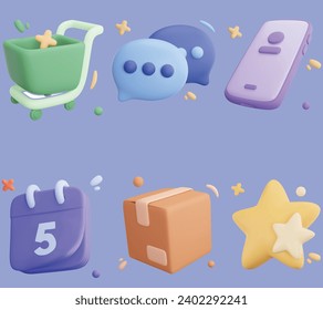  3d Set of cardboard closed box, Yellow star, calendar, social media on mobile application ,  speech bubbles, Shopping Trolley, 3d vector icon. 