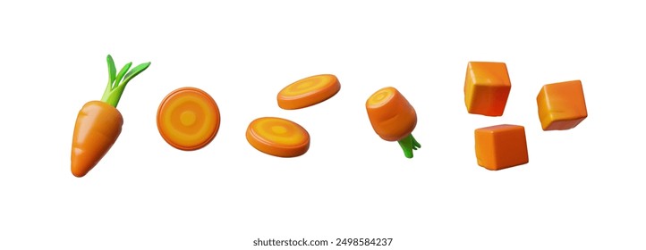 3d set of carrots. Organically pure vegetable from the garden. Orange carrots with green tops, half a vegetable, thin slices and cubes. Vitamin harvest. Vector illustration isolated on white