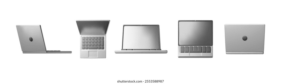 3D set of cartoon laptop computer isolated. Render collection of notebook LCD display mock up with blank screen. Mobile computer device icon. Technology concept. 3D rendering. Vector illustration