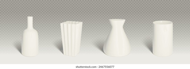 3D set of ceramic vases isolated on transparent background. Vector realistic illustration of white clay bottle, plastic cylinder urn, pottery jar with shadows, home interior design elements collection