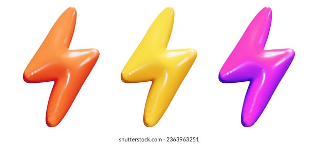 3d set of charger red. yellow and neon colors. Sign or icon thunder. Symbol of energy, danger. Minimalistic electrical discharge. Stock vector illustration on isolated background.