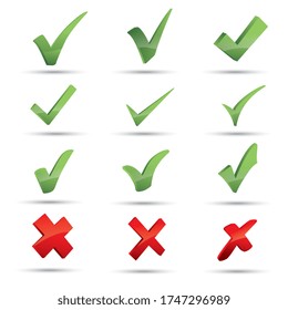 3D Set of check marks. Green tick, red cross. YES or NO accept and decline symbol. Buttons for vote, election choice. Empty, square frame, circle and brush. Check mark OK and X icon. 