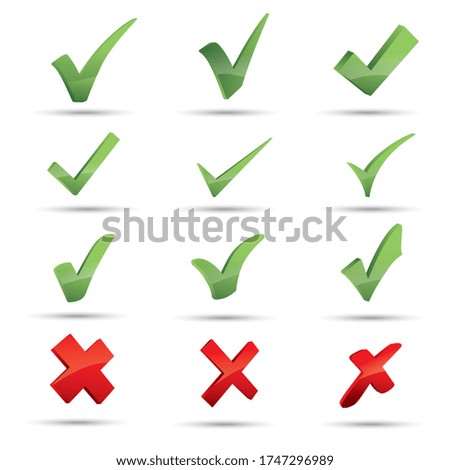 3D Set of check marks. Green tick, red cross. YES or NO accept and decline symbol. Buttons for vote, election choice. Empty, square frame, circle and brush. Check mark OK and X icon. 