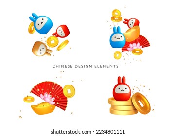 3d set chinese design elements. Chine gold ingot, lunar rabbit, asian fans for chinese new year. Asian spring festival icon. Vector cartoon illustrarion