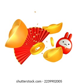 3d set chinese design elements. Chine gold ingot, lunar rabbit, asian fans for chinese new year. Asian spring festival icon. Vector cartoon illustrarion